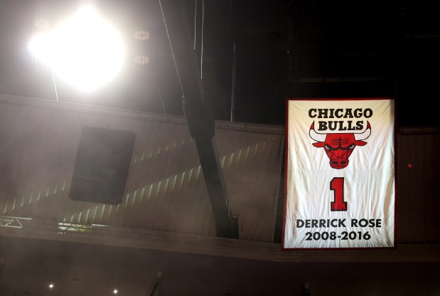 A new banner honoring Derrick Rose is seen after it was unveiled during a ceremony to retire his #1 jersey by the Chicago Bulls at the United Center in Chicago on Jan. 24, 2026. (Chris Sweda/Chicago Tribune)