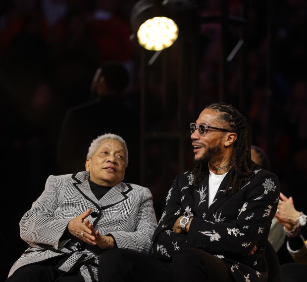 Derrick Rose sits beside his mother Brenda during a ceremony to retire his #1 jersey by the Chicago Bulls at the United Center in Chicago on Jan. 24, 2026. (Chris Sweda/Chicago Tribune)