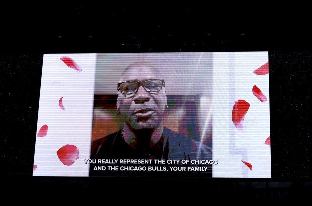 A video message from Michael Jordan is played during a ceremony to retire Derrick Rose's #1 jersey by the Chicago Bulls at the United Center in Chicago on Jan. 24, 2026. (Chris Sweda/Chicago Tribune)