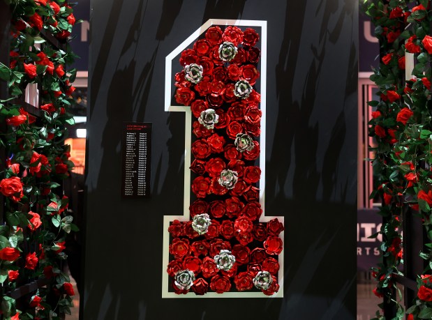A local high school welding project featuring a rose theme inside of a number 1 is seen on display in the atrium of the United Center in Chicago in honor of Derrick Rose prior to his #1 jersey being retired by the Chicago Bulls in a ceremony scheduled for after a game between the Bulls and the Boston Celtics on Jan. 24, 2026. (Chris Sweda/Chicago Tribune)