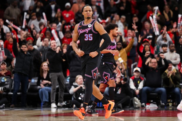 Chicago Bulls forward Isaac Okoro (35) celebrates after the Bulls defeated the Utah Jazz, 128-126, at the United Center Jan. 14, 2026 in Chicago. (Armando L. Sanchez/Chicago Tribune)