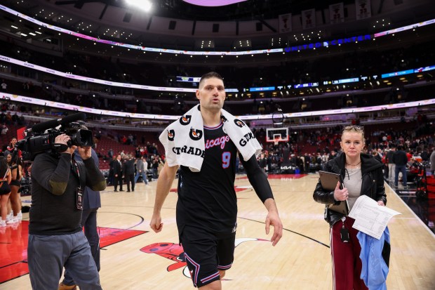 Chicago Bulls center Nikola Vucevic (9) walks to the locker room after making the final shot of the game to give the bulls a,128-126, win against the Utah Jazz at the United Center Jan. 14, 2026 in Chicago. (Armando L. Sanchez/Chicago Tribune)