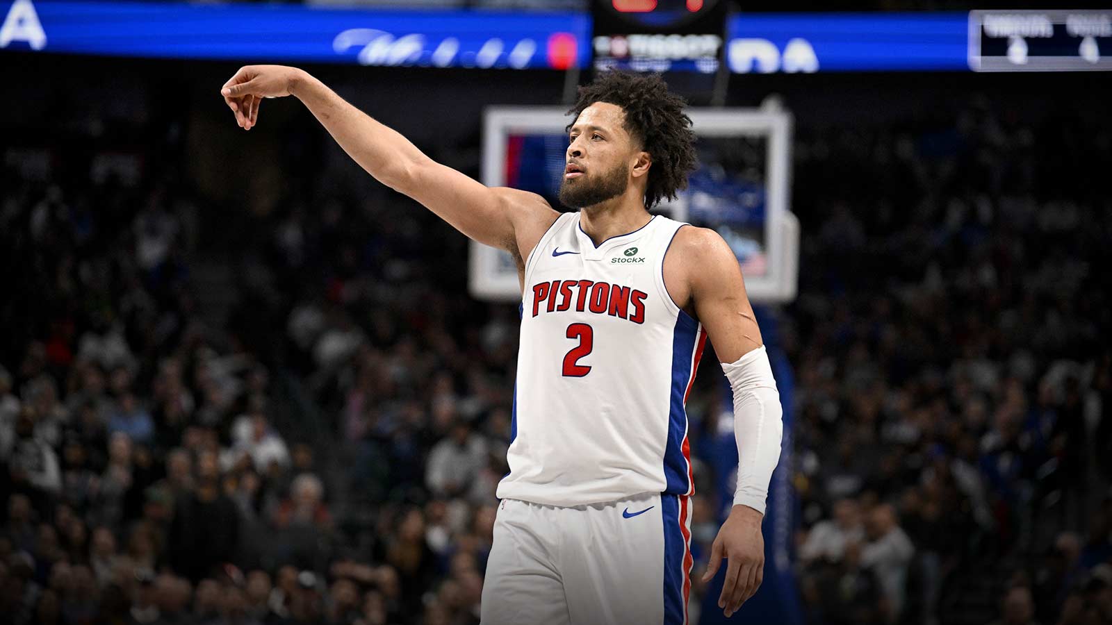 Detroit Pistons guard Cade Cunningham (2) follows through on a jump shot against the Dallas Mavericks during the second half at the American Airlines Center.