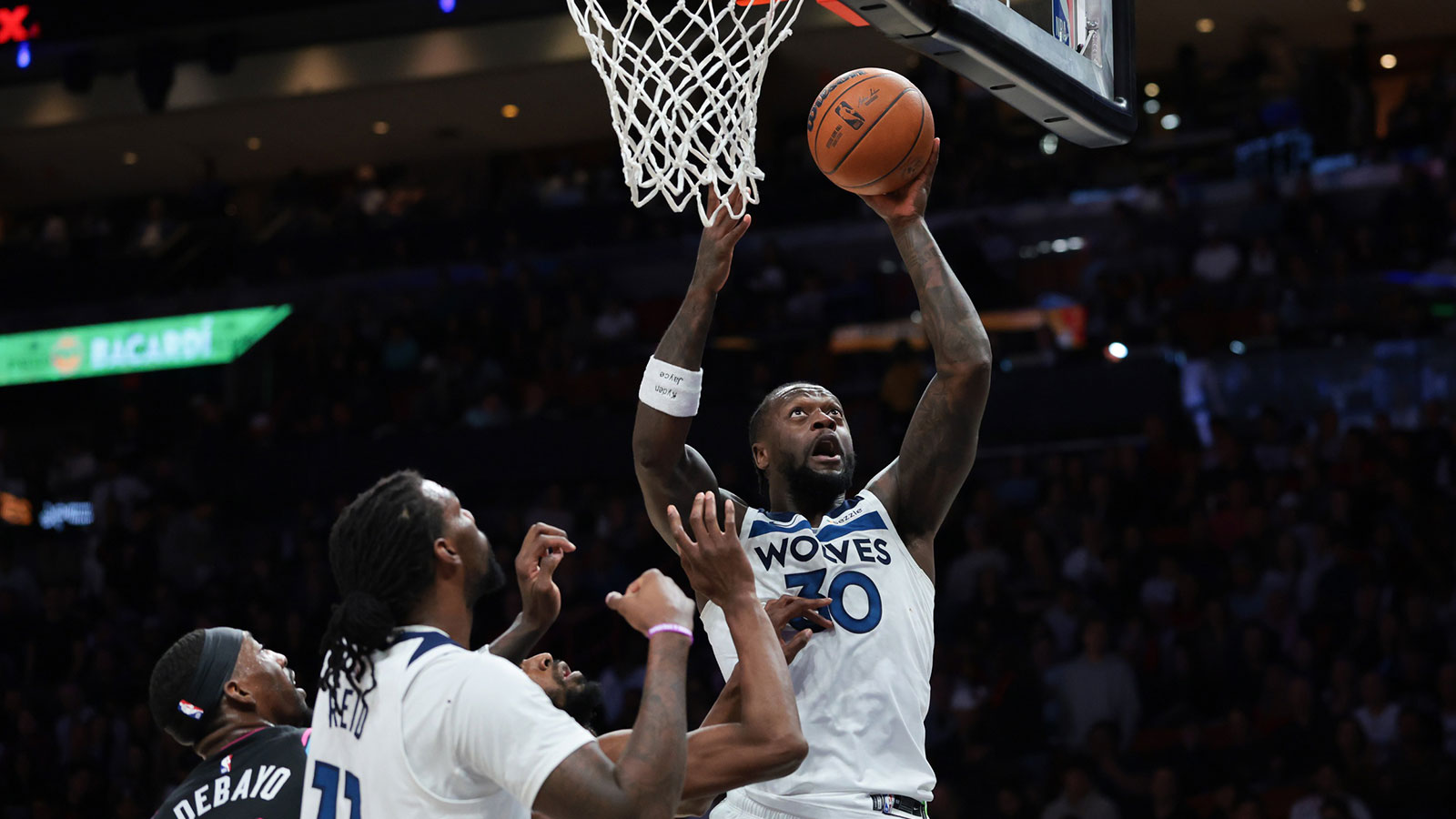 Minnesota Timberwolves forward Julius Randle (30) scores against the Miami Heat during the second quarter at Kaseya Center.