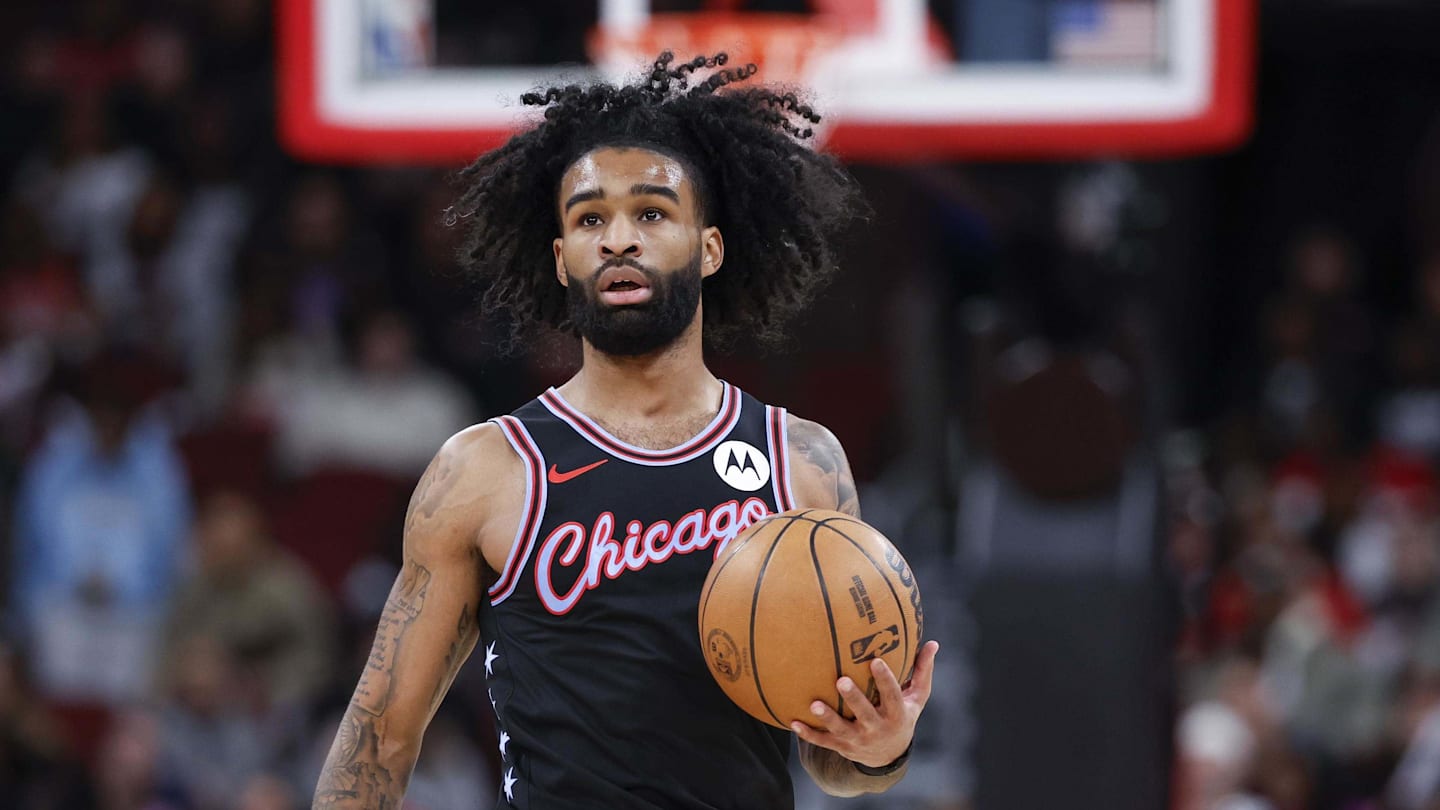 Jan 29, 2026; Chicago, Illinois, USA; Chicago Bulls guard Coby White (0) brings the ball up court against the Miami Heat during the first half at United Center. Mandatory Credit: Kamil Krzaczynski-Imagn Images
