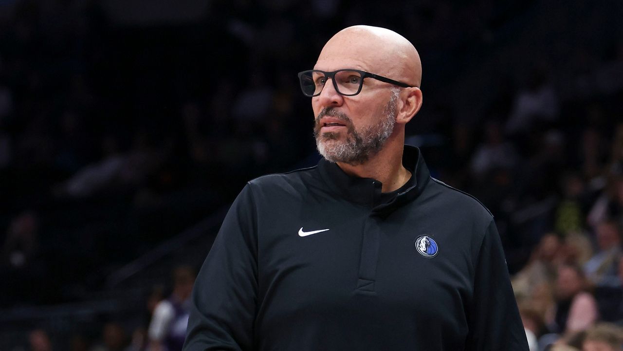 Dallas Mavericks head coach Jason Kidd looks on during the second half of a preseason NBA basketball game against the Utah Jazz, Monday, Oct. 13, 2025, in Salt Lake City. (AP Photo/Rob Gray)