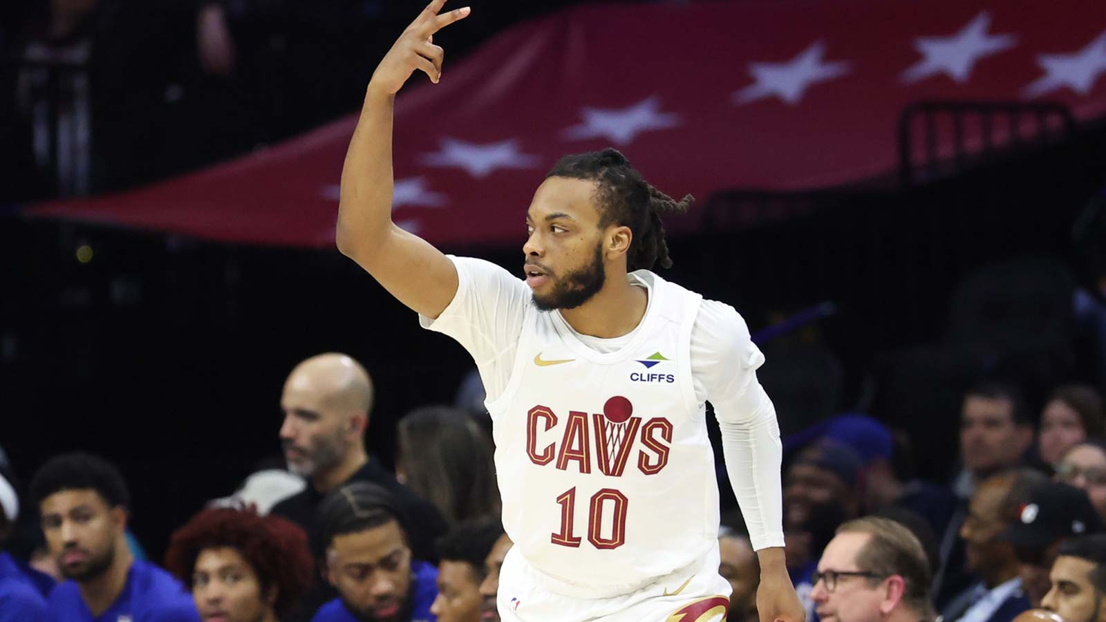 Cleveland Cavaliers guard Darius Garland (10) reacts to his three pointer against the Philadelphia 76ers during the first quarter at Xfinity Mobile Arena.