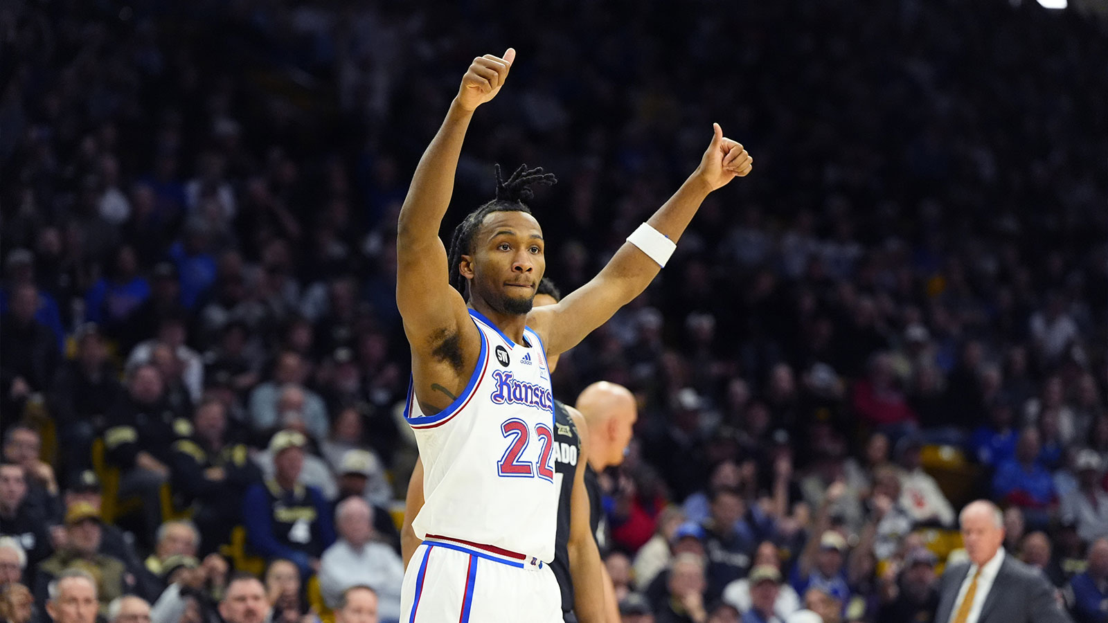 Kansas Jayhawks guard Darryn Peterson (22) during the second half against the Colorado Buffaloes at the CU Events Center.