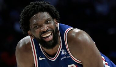 Sixers Joel Embiid laughs during the Washington Wizards vs. Philadelphia 76ers (Sixers) NBA game at Xfinity Mobile Arena in Philadelphia on Wednesday, Jan. 7, 2026.