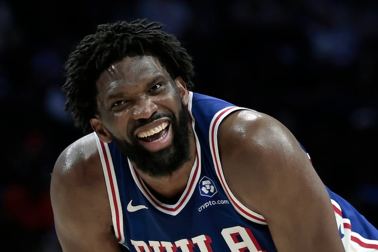 Sixers Joel Embiid laughs during the Washington Wizards vs. Philadelphia 76ers (Sixers) NBA game at Xfinity Mobile Arena in Philadelphia on Wednesday, Jan. 7, 2026.
