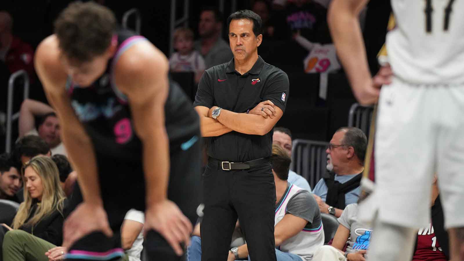 Miami Heat head coach Erik Spoelstra keeps his eyes on his team during the second half at Kaseya Center against the New Orleans Pelicans.