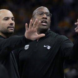 Sacramento Kings associate head coach Jordi Fernandez, left, and head coach Mike Brown during Game 3 in the first round of the NBA basketball playoffs against the Golden State Warriors in San Francisco, Thursday, April 20, 2023. (AP Photo/Jeff Chiu)