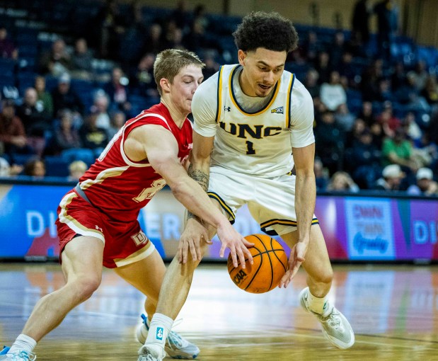 Northern Colorado Bears guard Vincent Delano (1) loses control of the ball during a college basketball game at Bank of Colorado Arena on the campus of the University of Northern Colorado in Greeley on Saturday, Dec. 20, 2025. (Brice Tucker/Staff Photographer)