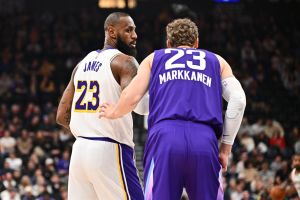 SALT LAKE CITY, UT - DECEMBER 1: LeBron James #23 of the Los Angeles Lakers and Lauri Markkanen #23 of the Utah Jazz look on during the game on December 1, 2024 at Delta Center in Salt Lake City, Utah. NOTE TO USER: User expressly acknowledges and agrees that, by downloading and or using this Photograph, User is consenting to the terms and conditions of the Getty Images License Agreement. Mandatory Copyright Notice: Copyright 2024 NBAE (Photo by Jamie Sabau/NBAE via Getty Images)