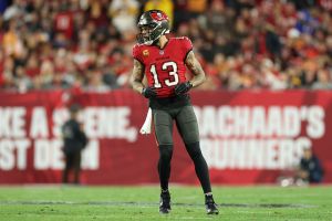 TAMPA, FLORIDA - JANUARY 12: Mike Evans #13 of the Tampa Bay Buccaneers lines up before the snap during an NFL football wild card playoff game against the Washington Commanders at Raymond James Stadium on January 12, 2025 in Tampa, Florida. (Photo by Logan Bowles/Getty Images)