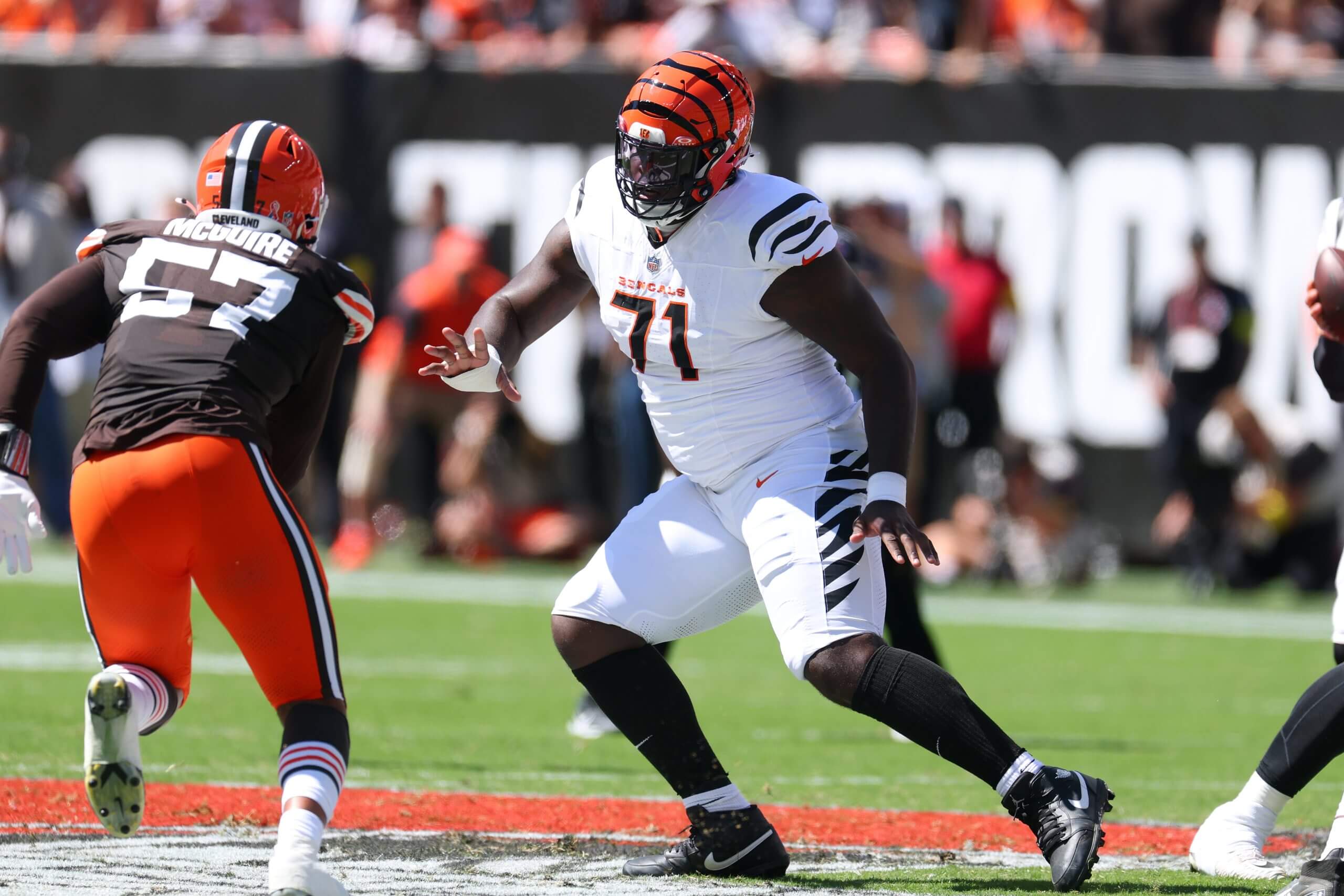 Amarius Mims #71 of the Cincinnati Bengals plays against the Cleveland Browns at Huntington Bank Field on September 07, 2025, in Cleveland, Ohio. 