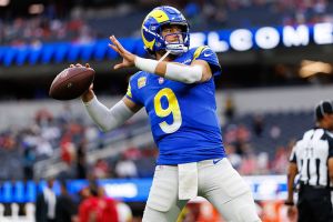 INGLEWOOD, CALIFORNIA - OCTOBER 2: Matthew Stafford #9 of the Los Angeles Rams warms up prior to an NFL football game against the San Francisco 49ers at SoFi Stadium on October 02, 2025 in Inglewood, California.