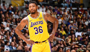 LOS ANGELES, CA - OCTOBER 21: Marcus Smart #36 of the Los Angeles Lakers smiles during the game against the Golden State Warriors on October 21, 2025 at Crypto.Com Arena in Los Angeles, California. NOTE TO USER: User expressly acknowledges and agrees that, by downloading and/or using this Photograph, user is consenting to the terms and conditions of the Getty Images License Agreement. Mandatory Copyright Notice: Copyright 2025 NBAE (Photo by Adam Pantozzi/NBAE via Getty Images)