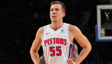PHILADELPHIA, PA - NOVEMBER 9: Duncan Robinson #55 of the Detroit Pistons looks on during the game against the Philadelphia 76ers on November 9, 2025 at the Wells Fargo Center in Philadelphia, Pennsylvania NOTE TO USER: User expressly acknowledges and agrees that, by downloading and/or using this Photograph, user is consenting to the terms and conditions of the Getty Images License Agreement. Mandatory Copyright Notice: Copyright 2025 NBAE (Photo by Jesse D. Garrabrant/NBAE via Getty Images)