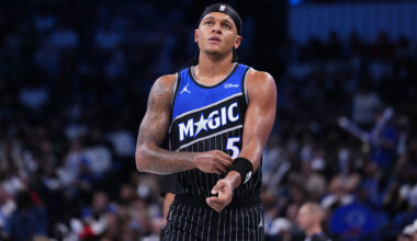 ORLANDO, FLORIDA - NOVEMBER 07: Paolo Banchero #5 of the Orlando Magic looks on during the third quarter of an NBA Cup game against the Boston Celtics at Kia Center on November 07, 2025 in Orlando, Florida. NOTE TO USER: User expressly acknowledges and agrees that, by downloading and/or using this photograph, user is consenting to the terms and conditions of the Getty Images License Agreement. (Photo by Rich Storry/Getty Images)