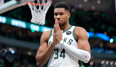 MILWAUKEE, WISCONSIN - NOVEMBER 09: Giannis Antetokounmpo #34 of the Milwaukee Bucks before the start of game against the Houston Rockets at Fiserv Forum on November 09, 2025 in Milwaukee, Wisconsin. NOTE TO USER: User expressly acknowledges and agrees that, by downloading and or using this photograph, User is consenting to the terms and conditions of the Getty Images License Agreement. (Photo by John Fisher/Getty Images)