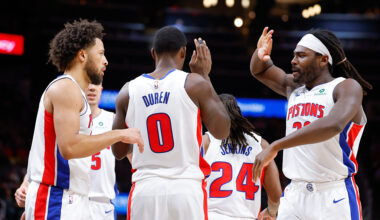 ATLANTA, GEORGIA - NOVEMBER 18: Cade Cunningham #2, Jalen Duren #0 and Isaiah Stewart #28 of the Detroit Pistons react during the first quarter against the Atlanta Hawks at State Farm Arena on November 18, 2025 in Atlanta, Georgia. NOTE TO USER: User expressly acknowledges and agrees that, by downloading and or using this photograph, User is consenting to the terms and conditions of the Getty Images License Agreement. (Photo by Todd Kirkland/Getty Images)