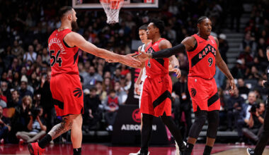 TORONTO, CANADA - NOVEMBER 23: Sandro Mamukelashvili #54 and RJ Barrett #9 of the Toronto Raptors high five during the game against the Brooklyn Nets on November 23, 2025 at the Scotiabank Arena in Toronto, Ontario, Canada. NOTE TO USER: User expressly acknowledges and agrees that, by downloading and or using this Photograph, user is consenting to the terms and conditions of the Getty Images License Agreement. Mandatory Copyright Notice: Copyright 2025 NBAE (Photo by Mark Blinch/NBAE via Getty Images)