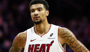 PHILADELPHIA, PENNSYLVANIA - NOVEMBER 23: Kel'el Ware #7 of the Miami Heat looks on during the game against the Philadelphia 76ers at Xfinity Mobile Arena on November 23, 2025 in Philadelphia, Pennsylvania. NOTE TO USER: User expressly acknowledges and agrees that, by downloading and or using this photograph, User is consenting to the terms and conditions of the Getty Images License Agreement. (Photo by Isaiah Vazquez/Getty Images)