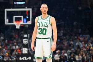 CLEVELAND, OHIO - NOVEMBER 30: Sam Hauser #30 of the Boston Celtics waits during the second quarter against the Cleveland Cavaliers at Rocket Arena on November 30, 2025 in Cleveland, Ohio. NOTE TO USER: User expressly acknowledges and agrees that, by downloading and or using this photograph, User is consenting to the terms and conditions of the Getty Images License Agreement. (Photo by Jason Miller/Getty Images)