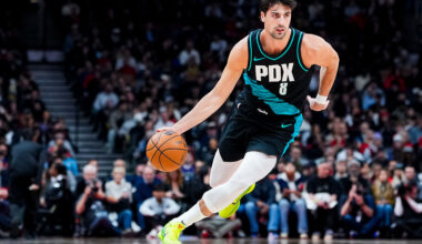 TORONTO, CANADA - DECEMBER 2: Deni Avdija #8 of the Portland Trail Blazers dribbles against the Toronto Raptors during the first half of their basketball game at the Scotiabank Arena on December 2, 2025 in Toronto, Ontario, Canada. NOTE TO USER: User expressly acknowledges and agrees that, by downloading and/or using this Photograph, user is consenting to the terms and conditions of the Getty Images License Agreement. (Photo by Mark Blinch/Getty Images)
