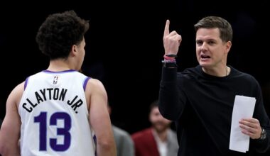 Head coach Will Hardy and Walt Clayton Jr. of the Utah Jazz...