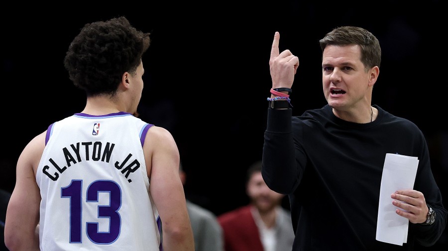 Head coach Will Hardy and Walt Clayton Jr. of the Utah Jazz...