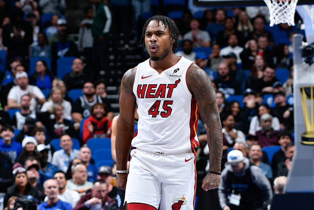 ORLANDO, FL - DECEMBER 9: Davion Mitchell #45 of the Miami Heat celebrates during the game against the Orlando Magic during the Emirates NBA Cup Quarterfinals on December 9, 2025 at Kia Center in Orlando, Florida. NOTE TO USER: User expressly acknowledges and agrees that, by downloading and or using this photograph, User is consenting to the terms and conditions of the Getty Images License Agreement. Mandatory Copyright Notice: Copyright 2025 NBAE (Photo by Fernando Medina/NBAE via Getty Images)