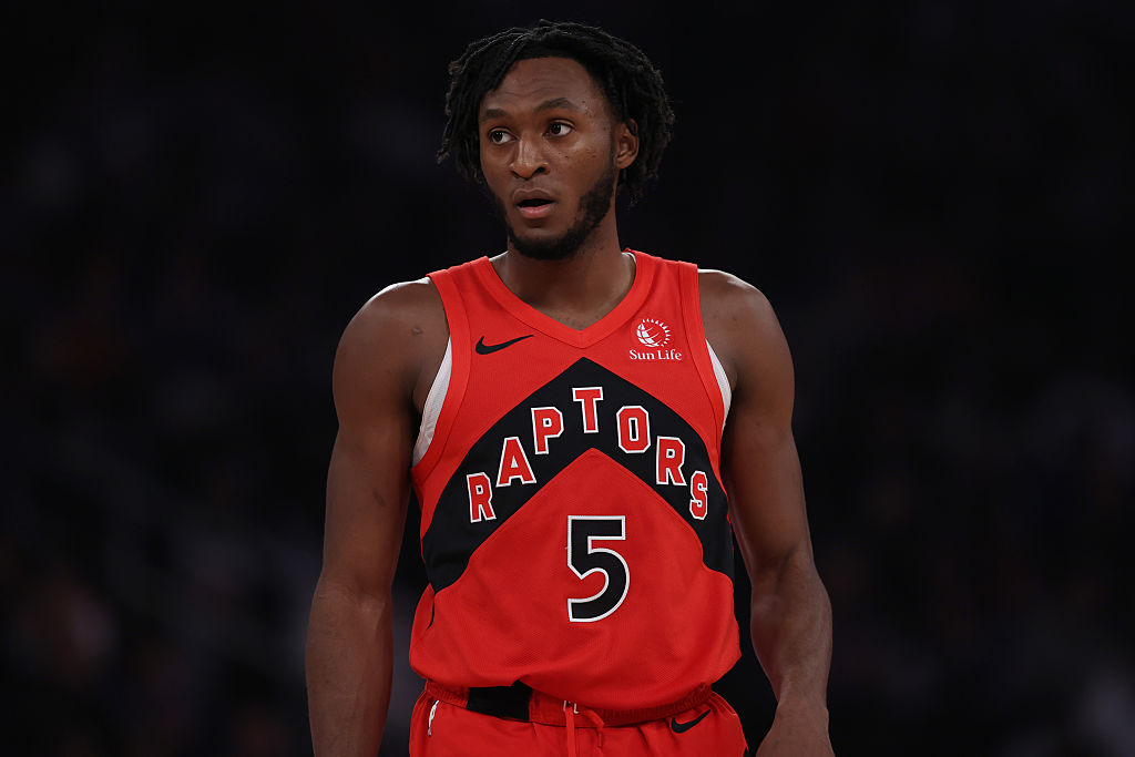 NEW YORK, NEW YORK - NOVEMBER 30: Immanuel Quickley #5 of the Toronto Raptors stands on the court during the first quarter against the New York Knicks at Madison Square Garden on November 30, 2025 in New York City. NOTE TO USER: User expressly acknowledges and agrees that, by downloading and or using this photograph, User is consenting to the terms and conditions of the Getty Images License Agreement. (Photo by Pamela Smith/Getty Images)