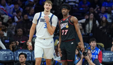 PHILADELPHIA, PENNSYLVANIA - DECEMBER 20: Cooper Flagg #32 of the Dallas Mavericks talks to Vj Edgecombe #77 of the Philadelphia 76ers in the second half at Xfinity Mobile Arena on December 20, 2025 in Philadelphia, Pennsylvania. NOTE TO USER: User expressly acknowledges and agrees that, by downloading and or using this photograph, User is consenting to the terms and conditions of the Getty Images License Agreement. The 76ers defeated the Mavericks 121-114. (Photo by Mitchell Leff/Getty Images)