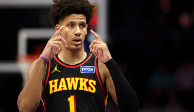 CHARLOTTE, NORTH CAROLINA - DECEMBER 18: Jalen Johnson #1 of the Atlanta Hawks reacts during the fourth quarter of the game against the Charlotte Hornets at Spectrum Center on December 18, 2025 in Charlotte, North Carolina. NOTE TO USER: User expressly acknowledges and agrees that, by downloading and or using this photograph, User is consenting to the terms and conditions of the Getty Images License Agreement. (Photo by Jared C. Tilton/Getty Images)