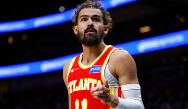ATLANTA, GEORGIA - DECEMBER 27: Trae Young #11 of the Atlanta Hawks reacts during the third quarter against the New York Knicks at State Farm Arena on December 27, 2025 in Atlanta, Georgia. NOTE TO USER: User expressly acknowledges and agrees that, by downloading and or using this photograph, User is consenting to the terms and conditions of the Getty Images License Agreement. (Photo by Todd Kirkland/Getty Images)
