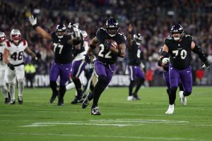 BALTIMORE, MARYLAND - DECEMBER 21: Derrick Henry #22 of the Baltimore Ravens scores a rushing touchdown against the New England Patriots during the first quarter at M&T Bank Stadium on December 21, 2025 in Baltimore, Maryland. (Photo by Scott Taetsch/Getty Images)