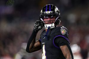 BALTIMORE, MARYLAND - DECEMBER 21: Zay Flowers #4 of the Baltimore Ravens walks the field during the fourth quarter against the New England Patriots at M&T Bank Stadium on December 21, 2025 in Baltimore, Maryland. (Photo by Kevin Sabitus/Getty Images)