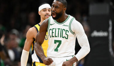 BOSTON, MASSACHUSETTS - DECEMBER 22: Jaylen Brown #7 of the Boston Celtics reacts after making a three-point basket against the Indiana Pacers during the second half at the TD Garden on December 22, 2025 in Boston, Massachusetts. NOTE TO USER: User expressly acknowledges and agrees that, by downloading and or using this photograph, User is consenting to the terms and conditions of the Getty Images License Agreement. (Photo by Brian Fluharty/Getty Images)