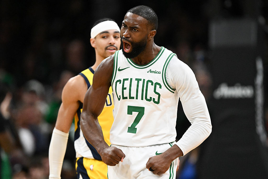 BOSTON, MASSACHUSETTS - DECEMBER 22: Jaylen Brown #7 of the Boston Celtics reacts after making a three-point basket against the Indiana Pacers during the second half at the TD Garden on December 22, 2025 in Boston, Massachusetts. NOTE TO USER: User expressly acknowledges and agrees that, by downloading and or using this photograph, User is consenting to the terms and conditions of the Getty Images License Agreement. (Photo by Brian Fluharty/Getty Images)