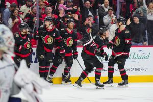 OTTAWA, CANADA - JANUARY 1: Fabian Zetterlund #20 of the Ottawa Senators celebrates his third-period goal with Tim Stützle #18, Nick Jensen #3, Thomas Chabot #72 and Claude Giroux #28 against the Washington Capitals on January 1, 2026 at Canadian Tire Centre in Ottawa, Ontario, Canada. (Photo by André Ringuette/NHLI via Getty Images)