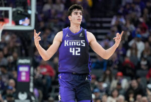 SACRAMENTO, CALIFORNIA - DECEMBER 27: Maxime Raynaud #42 of the Sacramento Kings reacts after making a three-point shot against the Dallas Mavericks in the first half at Golden 1 Center on December 27, 2025 in Sacramento, California. NOTE TO USER: User expressly acknowledges and agrees that, by downloading and or using this photograph, User is consenting to the terms and conditions of the Getty Images License Agreement. (Photo by Thearon W. Henderson/Getty Images)