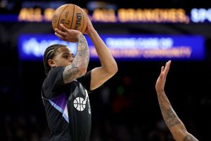 SAN ANTONIO, TEXAS - DECEMBER 27: Keyonte George #3 of the Utah Jazz in action during the game against the San Antonio Spurs at Frost Bank Center on December 27, 2025 in San Antonio, Texas. (Photo by Kenneth Richmond/Getty Images)