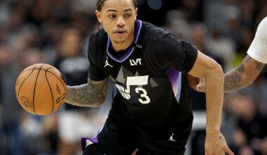 SAN ANTONIO, TEXAS - DECEMBER 27: Keyonte George #3 of the Utah Jazz in action during the game against the San Antonio Spurs at Frost Bank Center on December 27, 2025 in San Antonio, Texas. (Photo by Kenneth Richmond/Getty Images)