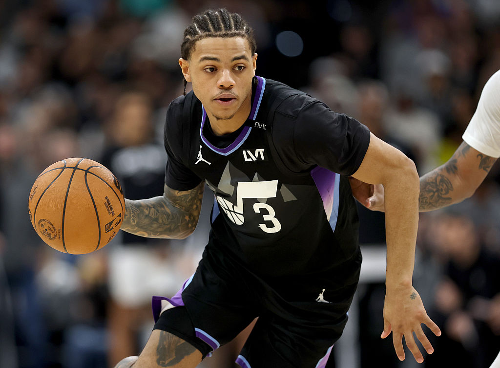 SAN ANTONIO, TEXAS - DECEMBER 27: Keyonte George #3 of the Utah Jazz in action during the game against the San Antonio Spurs at Frost Bank Center on December 27, 2025 in San Antonio, Texas. (Photo by Kenneth Richmond/Getty Images)