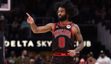 ATLANTA, GEORGIA - DECEMBER 23: Coby White #0 of the Chicago Bulls reacts after a three-point basket against the Atlanta Hawks during the third quarter at State Farm Arena on December 23, 2025 in Atlanta, Georgia. NOTE TO USER: User expressly acknowledges and agrees that, by downloading and or using this photograph, User is consenting to the terms and conditions of the Getty Images License Agreement. (Photo by Kevin C. Cox/Getty Images)