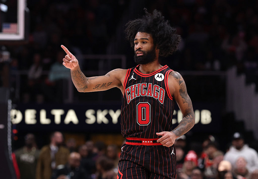 ATLANTA, GEORGIA - DECEMBER 23: Coby White #0 of the Chicago Bulls reacts after a three-point basket against the Atlanta Hawks during the third quarter at State Farm Arena on December 23, 2025 in Atlanta, Georgia. NOTE TO USER: User expressly acknowledges and agrees that, by downloading and or using this photograph, User is consenting to the terms and conditions of the Getty Images License Agreement. (Photo by Kevin C. Cox/Getty Images)