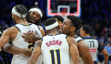 PHILADELPHIA, PENNSYLVANIA - JANUARY 5: Bruce Brown #11, Zeke Nnaji #22, Daron Holmes II #14, and J...