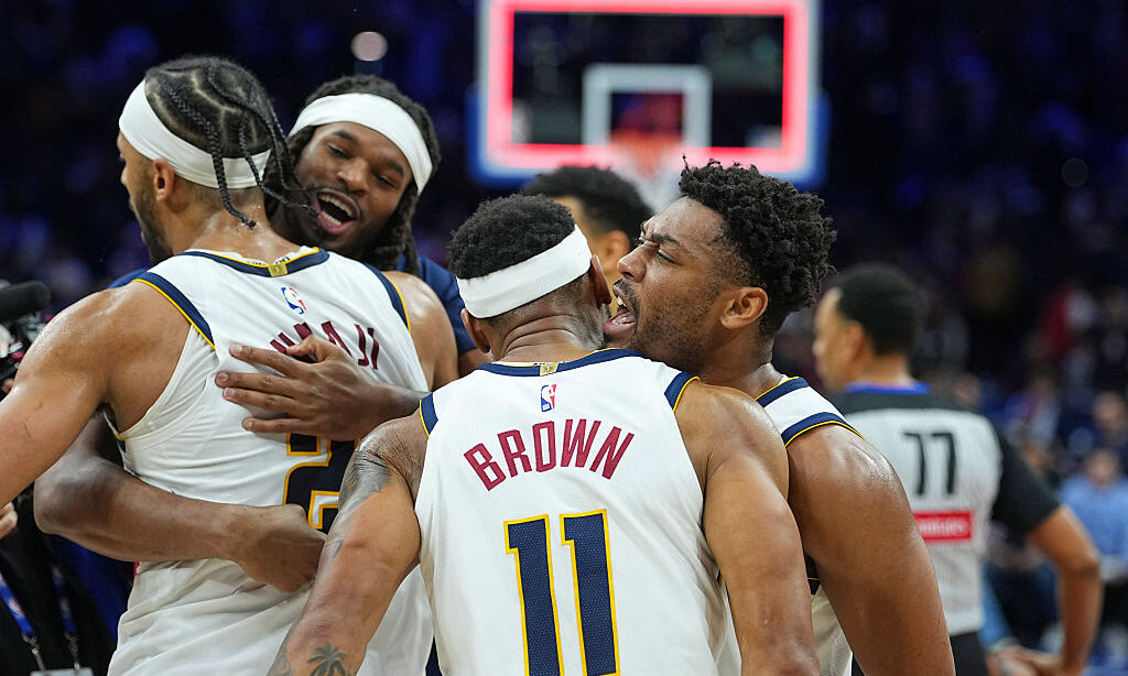 PHILADELPHIA, PENNSYLVANIA - JANUARY 5: Bruce Brown #11, Zeke Nnaji #22, Daron Holmes II #14, and J...